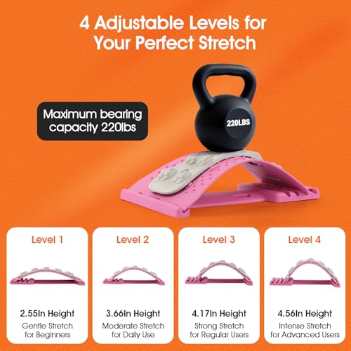 Premium Back Stretcher for Lower Back Pain Relief – 4-Level Adjustable Lumbar Support Board with Soft EVA Massage Strip – Durable & Portable Back Cracker to Release Tension and Reset Your Day (Pink) - color: Pink