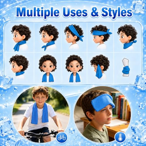 BobbleT Kids PVA Cooling Towels 4 Pack (30"x9") - Mini Instant Ice Cooling Towels for Neck & Face with UPF 50+ Sun Protection, Reusable Summer Heat Relief for Outdoor Activities, Blue - color: Blue