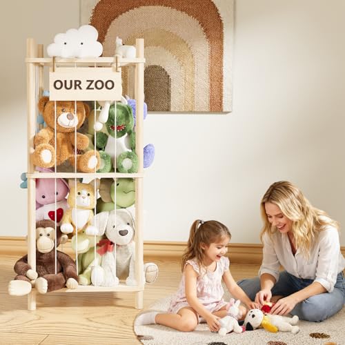 Dayacoco Stuffed Animal Storage, 2 Layer Wood Stuffed Animal Organizer Zoo, Toy Stuffy Storage Bin with Elastic Band and Net for Nursery Play Room Bedroom (Pine Wood) - size: 2 Tiers Without Wheels