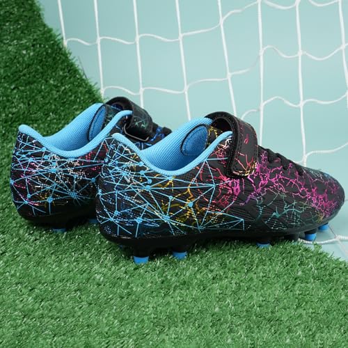 brooman Kids Firm Ground Soccer Cleats Girls Football Cleats with Shin Guards and Soccer Socks - color: Black Blue, size: 4 Big Kid