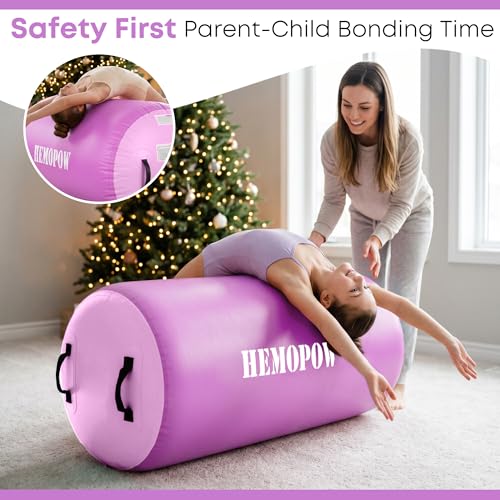 Inflatable Gymnastics Air Barrel Roller with Electric Pump, Heavy Duty PVC Tumbling Barrel Back Handspring Trainer, Air Tumble Track Mat for Home Gym, Cheerleading, Yoga Practice - color: Lavender & Pastel Pink, size: 3.3'L x 2'D
