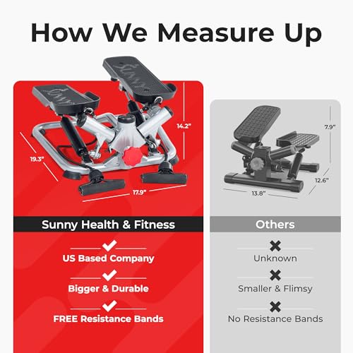 Sunny Health & Fitness Twist Steppers with Resistance Bands, Compact Mini Stair Step Machines for Low-Impact Home Cardio Workouts - color: Grey