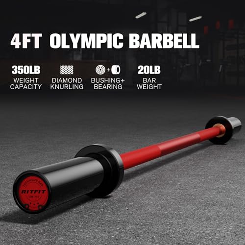 RITFIT Olympic Barbell 4ft/6ft - 2 Inch Weight Bar for Strength Training, Weightlifting, Squat, Deadlift, Bench Press, Curl, Overhead Press - 350lbs/500lbs Capacity - color: Black/Red, size: 4FT without Collar