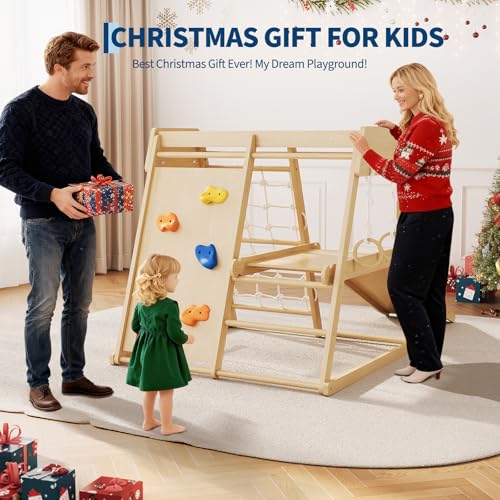 6-in-1 Indoor Playground Jungle Gym Kids Climbing Toys, Wooden Climber Playset with Slide, Climbing Rock, Monkey Bars, Climb Net, Climbing Rock, Rings, Christmas Toys for Kids, Natural