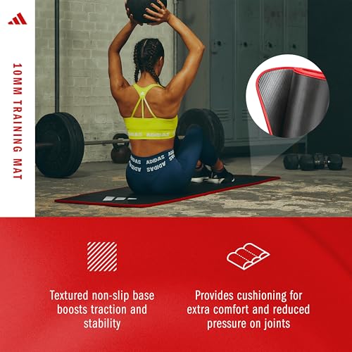 adidas 10mm Extra Thick Training Mat with Carrying Strap and Non-Slip Textured Base - Cushioned Workout Mat for Home Gym, Floor Workouts, and Intense Exercises - Portable and Durable - color: Red