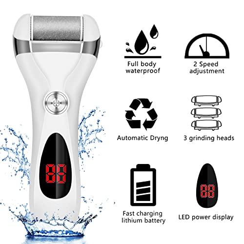 Electric Foot Callus Remover Kit, Elmchee Rechargeable Callous removers 3 Grinding Heads Waterproof Foot Scrubber File, Professional Pedicure Tools kit Feet Care for Dead, Cracked Dry Skin - style: White
