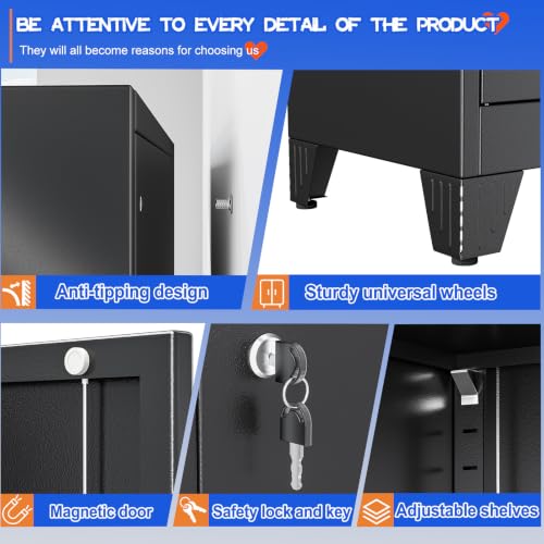 GAIOUS Tall Metal Storage Cabinet with Lock, 2 Doors Freestanding Steel Bookcase with Adjustable Shelves, Heavy Duty Lockable Office Filing Cabinet, Home Garage Utility Pantry Organizer Cabinet, Black - color: Black, size: 13.78''D × 25.98''W × 71''H