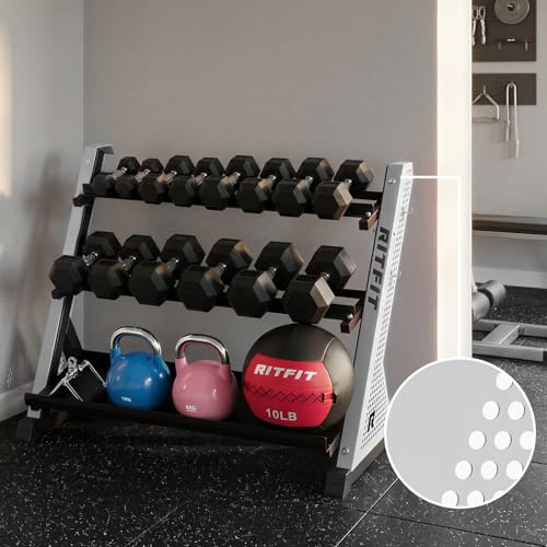 RitFit Rubber Hex Dumbbell Set with 3-Tier Dumbbell Rack,350-780LB Hand Weight Set with Anti-Slip Grip,1000LB Capacity Heavy Duty Steel Weight Storage Rack for Home Gym - color: Silver
