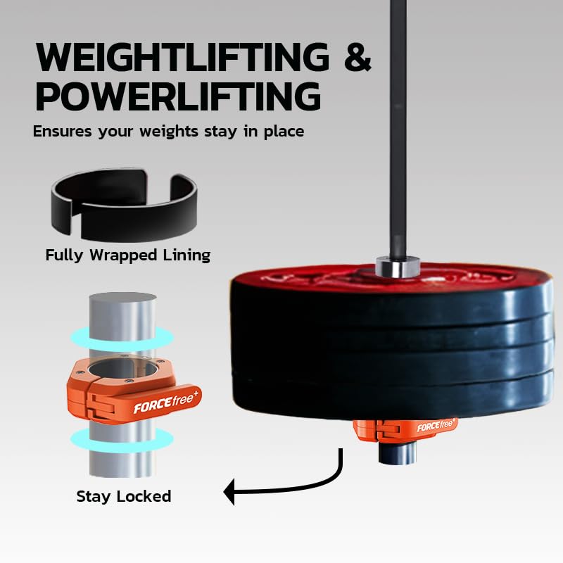 Forcefree+ Barbell Clips (Pair), Barbell Clamps, Quick Release Olympic Barbell Clamps with Anti Slip TPR Grip, Barbell Collars for Secure Weightlifting & Powerlifting - color: Orange