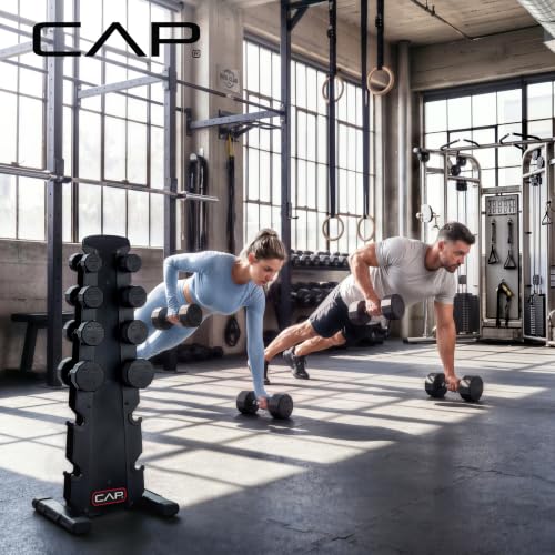 CAP Rubber Coated Hex Dumbbell Set with Storage Rack | 100–210 lb Options, Space-Saving Vertical Compact Storage for Home Gym Strength Training - size: 210 lb - Set - Black Rack, style: 12-Sided Black Handle