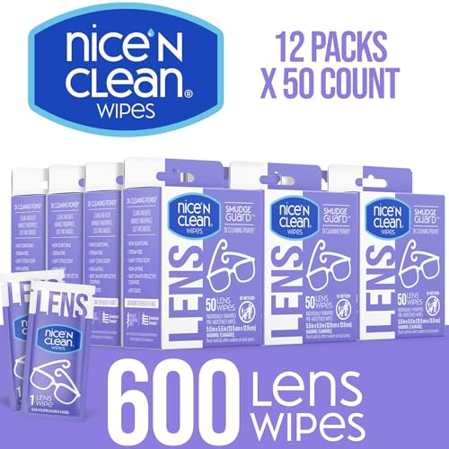 Nice 'N CLEAN SmudgeGuard Lens Wipes (600 Total Wipes) | Individually-Wrapped, Pre-Moistened, Ammonia-Free Lenses Wipes | Lens Cleaning Wipes for Eyeglasses, Camera Lens, Goggles, Sunglasses - size: 50 Count (Pack of 12)