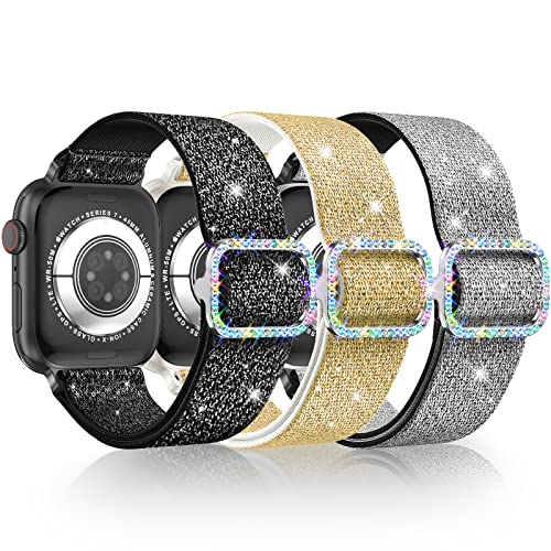 LETOID Stretchy Bands for Apple Watch Band Women Men Adjustable Solo Loop | Skin-Friendly Elastic Nylon Replacement Strap, iWatch Series 11 10 9 8 7 6 5 4 3 2 1 SE Ultra 49 46 45 44 42 41 40 38mm - color: 3-Pack: Black / Silver-Black / Gold-White, size: 3