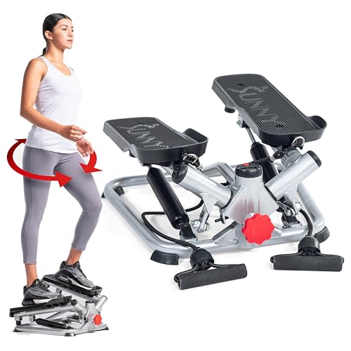 Sunny Health & Fitness Twist Steppers with Resistance Bands, Compact Mini Stair Step Machines for Low-Impact Home Cardio Workouts - color: Grey