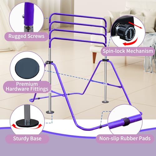Gymnastic Bars for Kids with Attachable Rings, Height Adjustable Junior Training Horizontal Bars, Foldable Gymnastic Training Kip Bar for Home - color: Purple