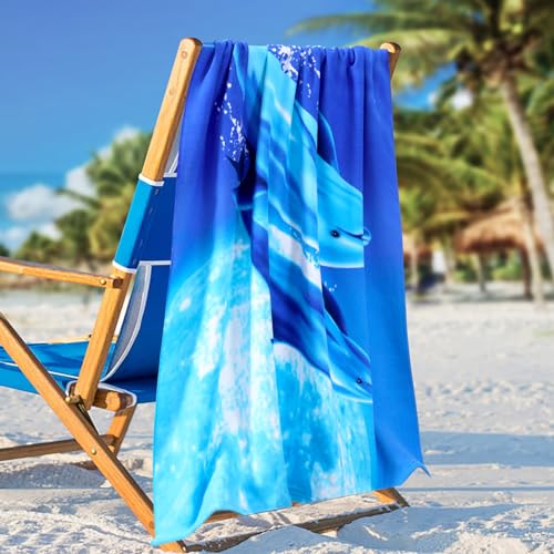 1 Pcs Oversized Terry Beach Towel 36 x 72 in Soft Extra Large Big Pool Swim Towels for Adults XL Clearance Big Travel Blanket Cruise Vacation Accessories Essentials Lounge Chair Cover Dolphin Sea - color: Blue Dolphin Sea Terry