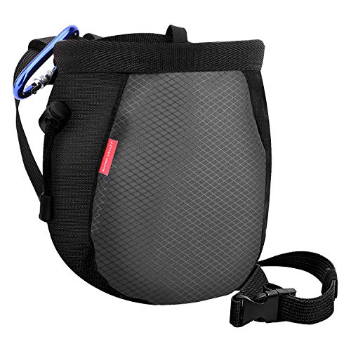 Rhino Valley Climbing Chalk Bag, No Leak Drawstring Chalk Bag with Adjustable Belt, Carabiner Clip and Zippered Pockets Chalk Bag for Rock Climbing, Cross Fit, Weight Lifting & More - color: Black/Gray