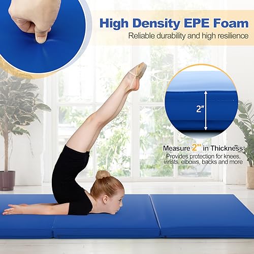 Goplus Folding Gymnastics Mat, 6’ x 2’ x 2’’ Thick Tri-Fold Exercise Tumbling Mat w/Carrying Handles, Hook & Loop Fastener, Gym mats for Home Fitness Yoga Aerobics Workouts Martial Arts - color: Navy