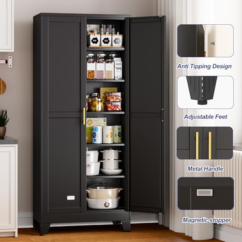 Metal Storage Cabinet with 2 Doors and 5 Adjustable Shelves - 74.8" Steel File Cabinet,Tool Cabinets for Office,Home,Garage,Gym,School (Black) - color: Black, size: 74.8H