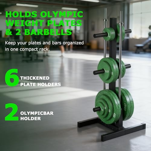 Olympic Weight Plate Rack, 6 Pegs & 2 Barbells for Bumper Plate Storage, Olympic Weight Plate Tree - Heavy Duty Bumper Plate Rack Holds 300 lbs