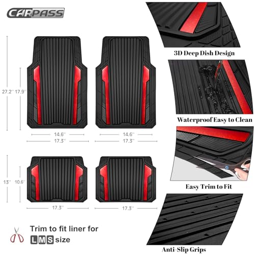CAR PASS Heavy Duty Rubber Car Mats Metallic, Aluminum Film All Weather Floor Mats Waterproof Universal Trim to Fit Automotive SUV Sedan Van 4 Piece Anodized Deep Dish Two-Tone Sporty Black Red Chrome - color: BLack Red