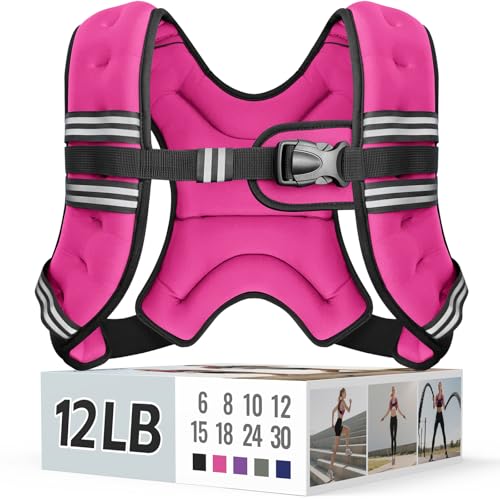 Zeerun Weighted Vest, 6lb/8lb/10lb/12lb/15lb/18lb/20lb/24lb/30lb for Men Women, Reflective Stripe Adjustable Buckle, Comfortable Durable Rucking Vest for Walking Running Strength Training - color: Pink, size: 12 Lb