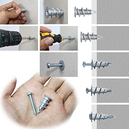 Metal No Pre-Drill Self Drilling Wall Anchors and Screws for Drywall | 25 Hollow Drywall Anchors and 25 #8 1-1/4'' Screw, for Drywall, Plaster, Sheetrock Hanging and Mounting Holds Upto 75lbs