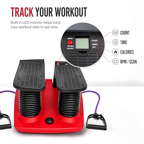 Air Stepper Exercise Machine with Resistance Bands, 5-Level Adjustable Resistance, 300 lb Capacity Stair Stepper with LED Monitor, Low-Impact Home Cardio and Full Body Workout Equipment - color: Red / Black