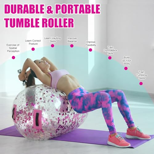 Gemscream Gymnastics Barrel Inflatable Air Roller Mat 40" x 24" Glitter Tumbling Air Barrel Gymnastic Cylinder Tumble Equipment for Back Handspring Trainer Cheerleading Yoga Home Use - color: Glitter Pink