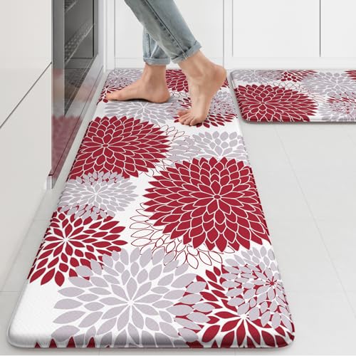 Anti Fatigue Kitchen Mats for Floor 2PCS,17"x47"+17"x29" Farmhouse Dahlia Kitchen Rugs Non Slip Rubber Backing,Waterproof Cushioned Standing Mat for Office,Laundry,Sink,Desk,Red - color: Red, size: 17.3" x 47 "+ 17.3" x 29 "--0.47 inches