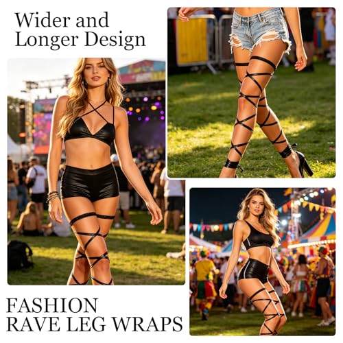 NICENEEDED Rave Leg Wrap, Black Party Prom Garter Leg Straps, Non-Slip Elastic Thigh Garter, Music Festivals Coachella Outfits for Women