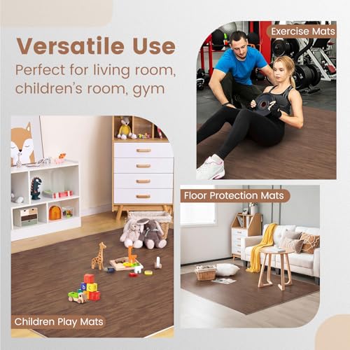 Tangkula 25 Tiles Foam Flooring Mats with Border, 100 SQ FT EVA Interlocking Exercise Foam Mats for Exercise Equipment, Elastic Puzzle Play Mats, 3/8” Non-Slip Workout Floor Mats for Home Gym (Brown) - size: 100 sq.ft, Brown