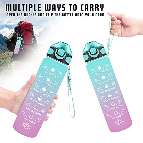 Enerbone 32 oz Drinking Water Bottle with Times to Drink and Straw, Motivational with Carrying Strap, Leakproof BPA & Toxic Free, Ensure You Drink Enough Water for Fitness Gym Outdoor - color: Green-Purple