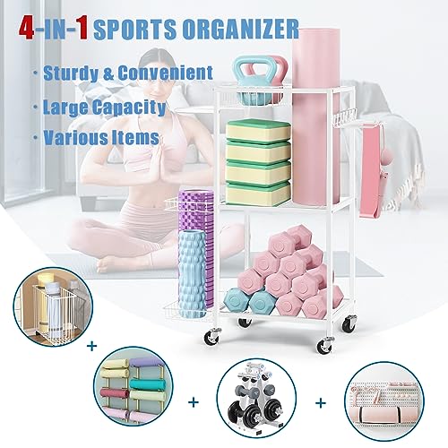 LIANTRAL Yoga Mat Storage Rack - Metal Gym Organizer for Yoga Mats, Foam Rollers & Fitness Equipment, Space Saving Workout Equipment Storage Rack for Home Exercise and Fitness Gear - color: White