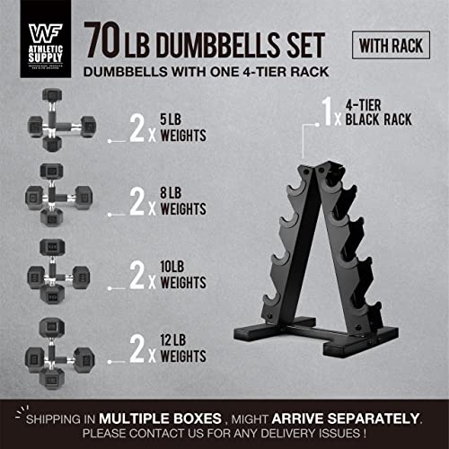 WF Athletic Supply Rubber Encased Hex Dumbbells with Rubber Grip Contoured Handle for Muscle Toning, Strength Building & Full Body Workout - color: p. 5LB, 8LB, 10LB and 12LB Pair w/ 4-Ter Rack