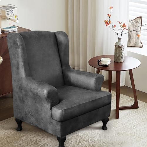 ANARACHON Leather Look Wingback Chair Covers, 2-Piece Wing Chair slipcover,Stretch Wing Back Armchair Slipcovers with Elastic Bottom, Soft Spandex Furniture Protector for Living Room (Light Grey) - color: Light Grey