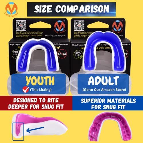 Oral Mart Youth Sports Mouth Guard for Kids (USA Flag, Fangs, 20+ Colors to Choose from) Mouthguard for Football, MMA, Karate, Boxing, Rugby, BJJ, Flag Football – /w Case (Youth, Strapless) - color: Blue