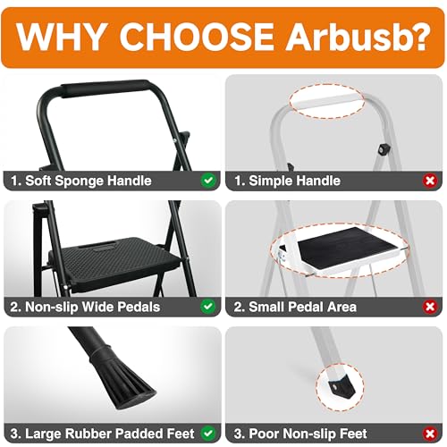 Arbusb Step Ladder, Folding Step Stool with Wide Anti-Slip Pedals, Sturdy Steel Ladder with Handrail, Space-Saving, Portable for Home & Adults, 2 Step Ladder - size: 2-step