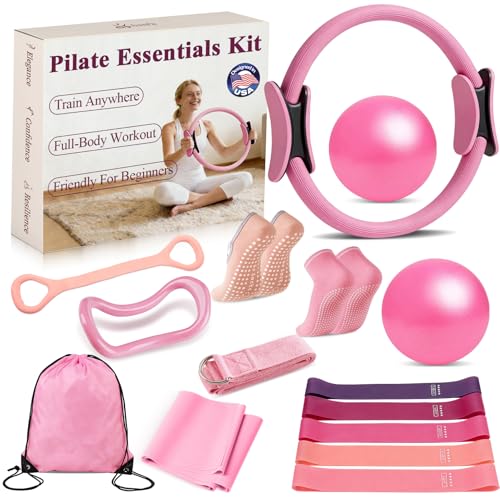Pilates Ring and Small Ball Set for Women with 5 Resistance Bands, 14 inch Magic Circle Home Workout Essentials Starter Kit for Beginners, Yoga Sets for Full Body Toning Shape - color: Pink