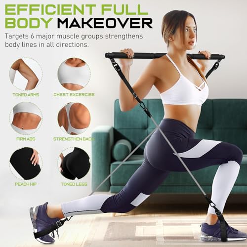 Pilates Bar Kit with 6 Latex Resistance Bands, Adjustable Exercise Bar - color: Black