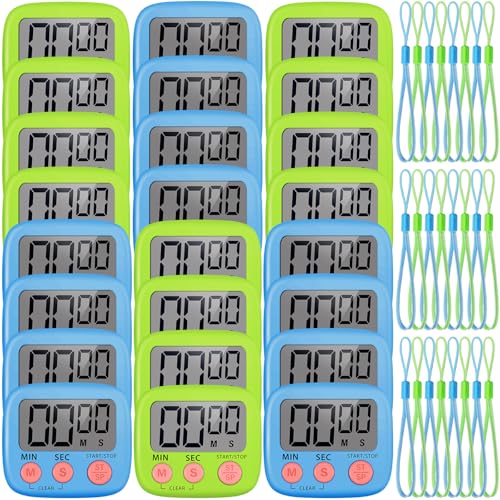 Weewooday 24 Pcs Small Digital Kitchen Timer Magnetic Back and Switch Minute Second Count up Countdown Big LCD Display Loud Alarm for Teacher Cooking Baking (Blue,Green) - color: Blue, Green