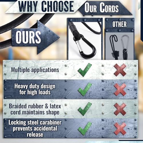 Bungee Cords with Carabiner Hooks Heavy Duty, 12", 200 Lbs Load, 4 Pcs | Elastic Tie Down Straps, Rubber & Latex, Anti-Rust Steel Hooks, 2X Stretch, Waterproof, UV Resistant; Camping, Tarps & Car - size: 12 Inch (Pack of 4)