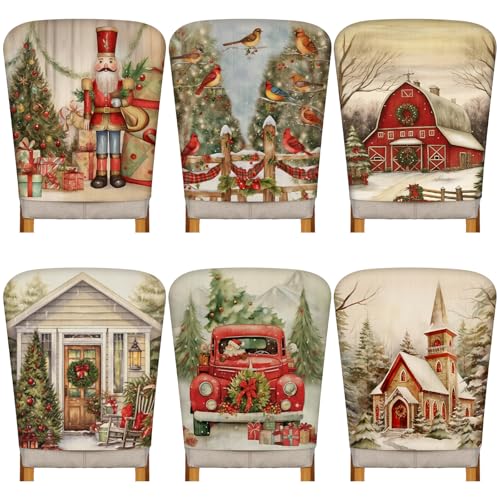 Moukeren 6 Pcs Christmas Chair Cover Set Stretch Dining Chair Back Covers Christmas Nutcracker Red Truck Slipcovers Farmhouse Removable Elastic Seat Protector for Xmas Party Dining Home Kitchen Decor - style: Traditional