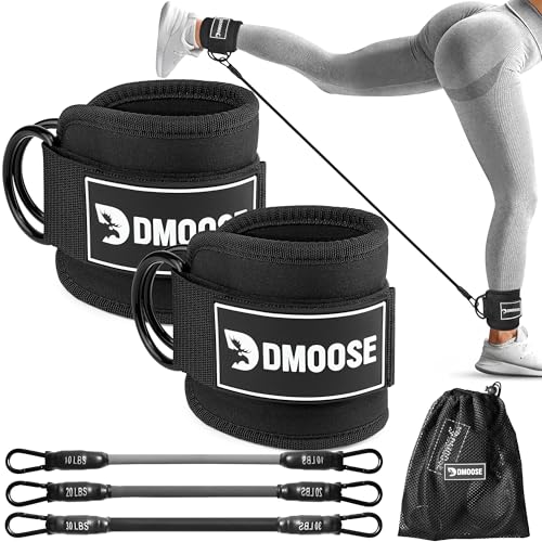 DMoose Ankle Strap for Cable Machine - One Size Fit with Premium Padding, Workout Kickback Ankle Cuffs, Ankle Bands for Working Out, Booty Workouts, Leg Extension, Hip Abductors & Lower Body Exercises - color: Black + Tube Bands