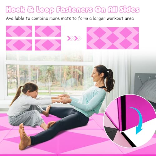 Goplus Gymnastics Mat, Folding Tumbling Mat with Carry Handles, Hook & Loop Fasteners, 4 Panels for Fitness Exercise Yoga Stretching Aerobics Workouts, Thick Gym Mats for Home - color: Pink&Rose