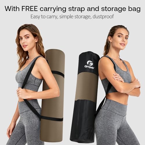 Gruper Yoga Mat Non Slip NBR Extra Thick Yoga Mat, 72"L x 32"/24"W x 0.6"/0.4"TH (185cm x 80cm/61cm x 15mm/10mm), Anti-Tear Exercise Mat with Carrying Strap and Bag, Workout Mats for Yoga, Pilates - color: Brown, size: 72 x 24 x 0.4 inches