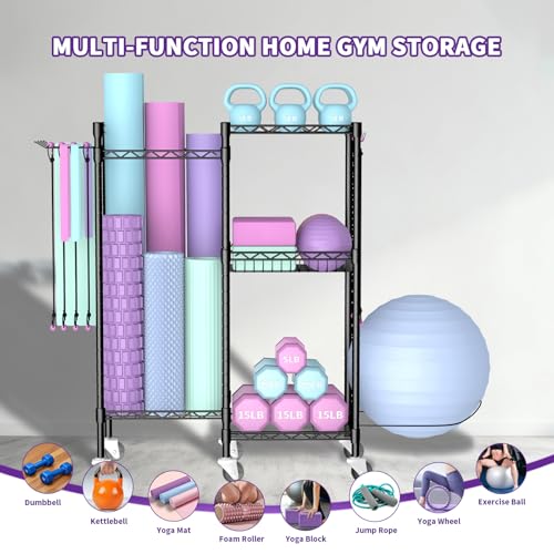 Dumbbell Rack, Home Gym Storage with Locking Wheels & 4 Hooks, 4 Tier Adjustable Workout Equipment Storage for Yoga Mat, Foam Roller, Dumbbell, Kettlebell, Fitness Ball and Resistance Band