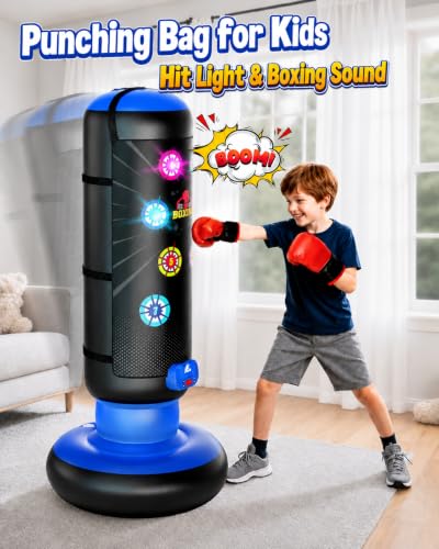 HopeRock Punching Bag for Kids, Boxing Set with Scoring, Light, Music, 4 Game Modes, Inflatable Boxing Bag with Gloves, Birthday Gifts Toys for 4-8-12 Years Old Boys