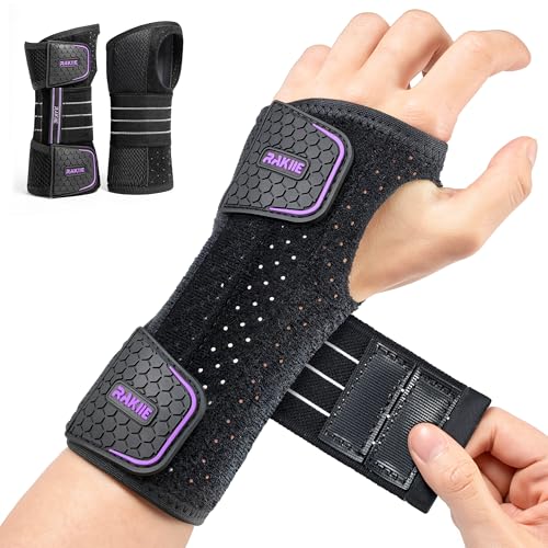Rakiie 2 Pack Carpal Tunnel Wrist Braces, Adjustable Wrist Support Splint for Night Sleep & Daytime Working, Hand Braces Pain Relief for Arthritis, Typing, Pregnancy, Men Women (Purple, M) - color: Purple, size: M