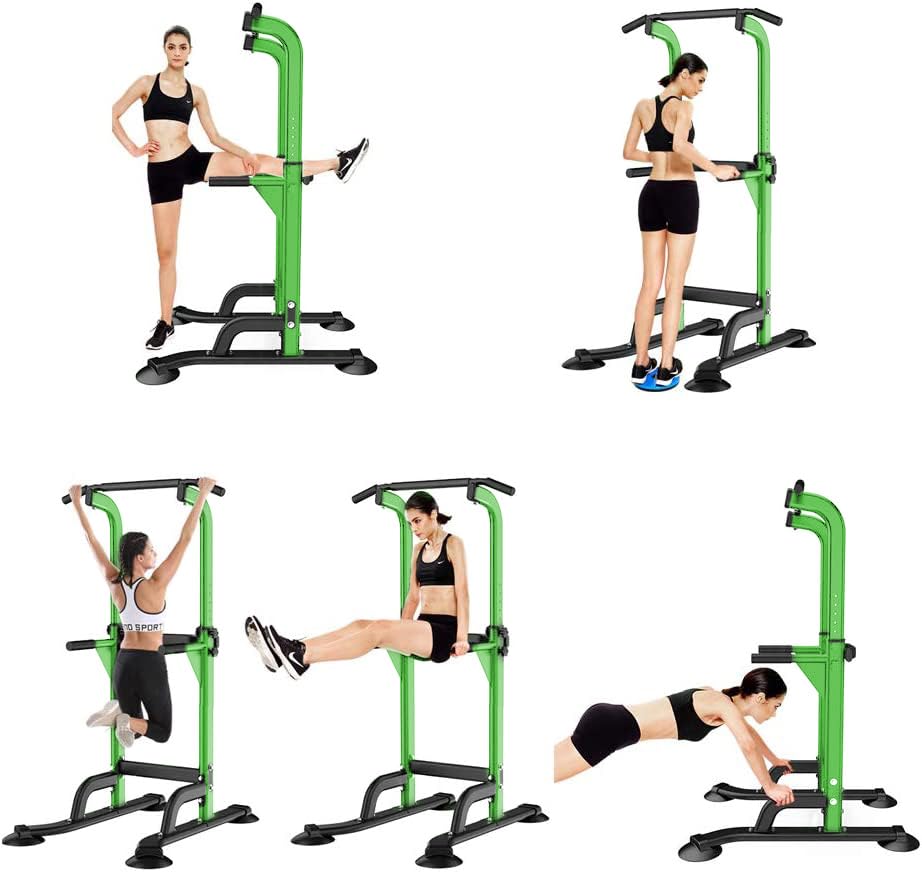 SogesHome Power Tower Pull Up Bar and Dip Station, Height Adjustable Dip Stand Exercise Machine for Home Gym, Multi-Functional Free Standing Strength Training Fitness Workout Station - color: Green