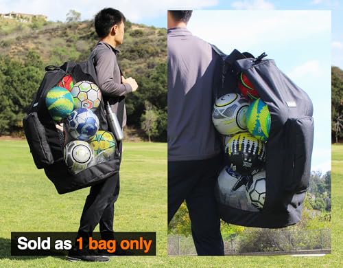 Fitdom Heavy Duty XL Soccer Mesh Equipment Ball Bag w/Adjustable Shoulder Strap Design for Coach. with an Over-Sized Front Pocket for Sporting Accessories. Best for All Outdoor & Water Gears - color: Black / Black